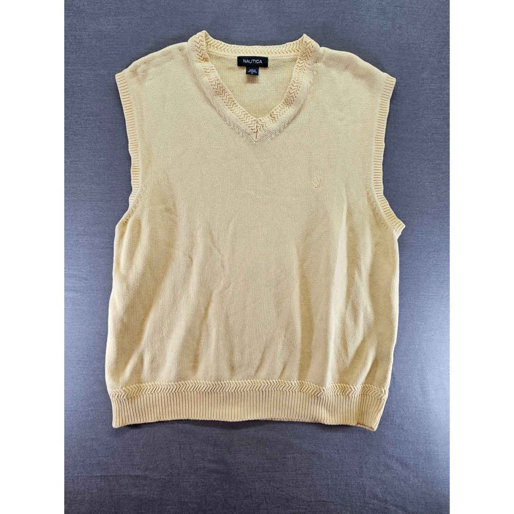 Nautica Mens Sweater Vest Large Yellow 100% Cotton V-Neck Sleeveless Knit Logo